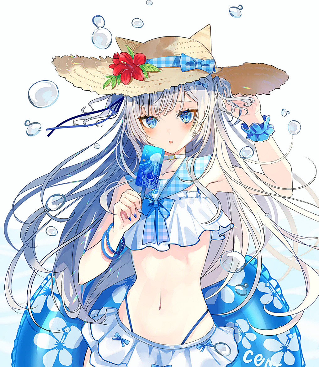 1girl :o animal_ears arm_up armpits bangle bare_shoulders bikini bikini_skirt blue_eyes bracelet bubble chiemo_(xcem) choker collarbone fake_animal_ears flower food hat hat_flower highleg holding jewelry long_hair looking_at_viewer midriff navel original parted_lips popsicle sailor_bikini sailor_collar scrunchie silver_hair solo stomach straw_hat swimsuit two_side_up upper_body very_long_hair white_bikini white_choker wrist_scrunchie