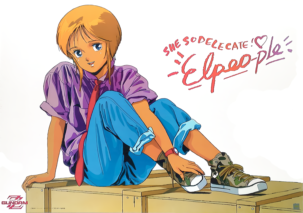 1980s_(style) 1girl blonde_hair blue_eyes denim elpeo_puru foot_hold gundam gundam_zz jeans looking_at_viewer necktie official_art oldschool open_mouth pants pants_rolled_up purple_shirt red_neckwear shirt shoes short_hair simple_background sitting sleeves_rolled_up sneakers solo watch watch white_background