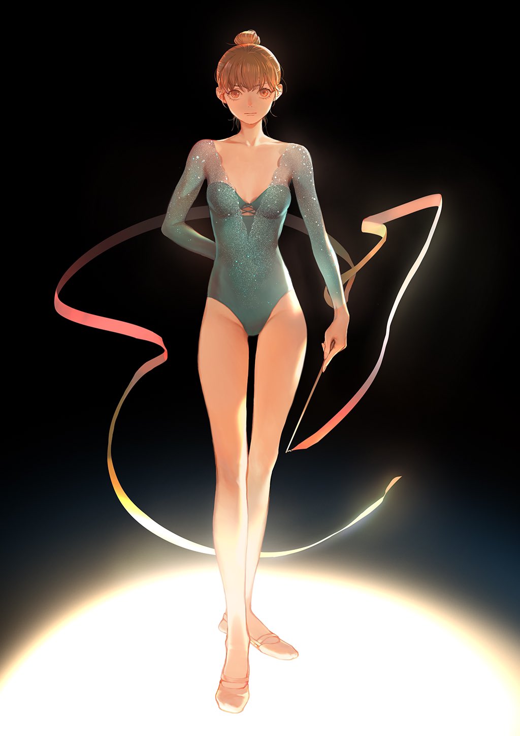 1girl ballet_slippers brown_eyes brown_hair collarbone commentary eyelashes gymnast_leotard gymnastics gymnastics_ribbon hair_bun hair_up highres leotard long_sleeves looking_at_viewer original rhythmic_gymnastics serious solo standing tanjiu thigh_gap