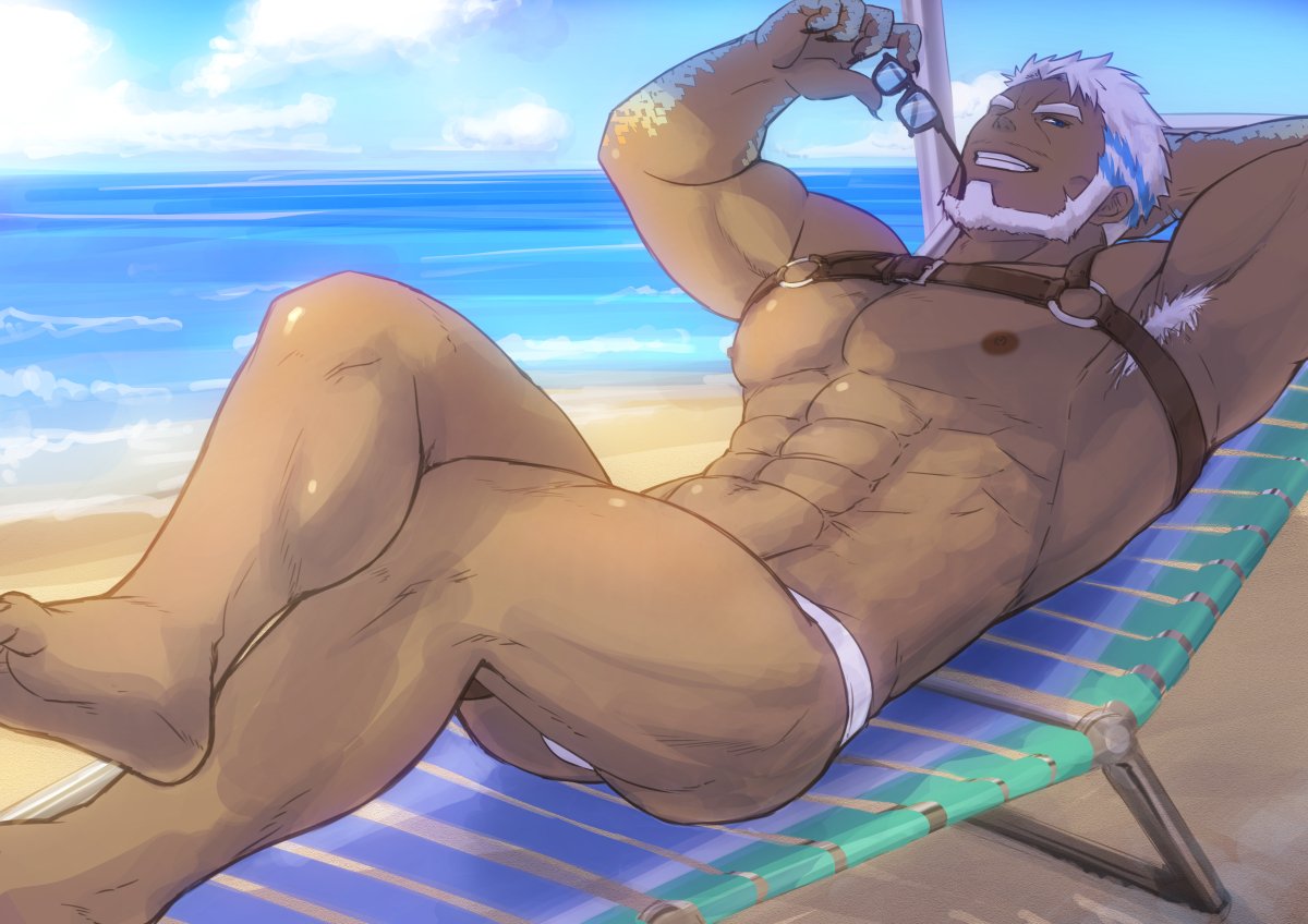 1boy abs aegir_(tokyo_houkago_summoners) bara beard blue_eyes bulge chest dark_skin dark_skinned_male facial_hair katoributa_a looking_at_viewer male_focus male_underwear manly muscle nipples pectoral_press pectorals smile solo thick_thighs thighs tokyo_houkago_summoners underwear underwear_only upper_body white_hair