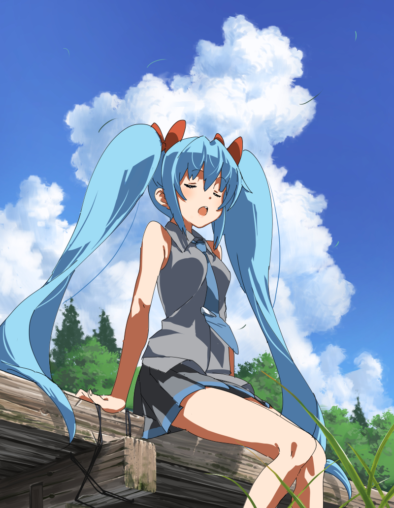 1girl aqua_eyes aqua_hair aqua_neckwear bare_shoulders black_skirt blade_of_grass blue_sky bow closed_eyes clouds domo1220 grass grey_shirt hair_bow hatsune_miku long_hair miniskirt necktie open_mouth outdoors pleated_skirt shirt sitting skirt sky sleeveless sleeveless_shirt solo tree twintails very_long_hair vocaloid