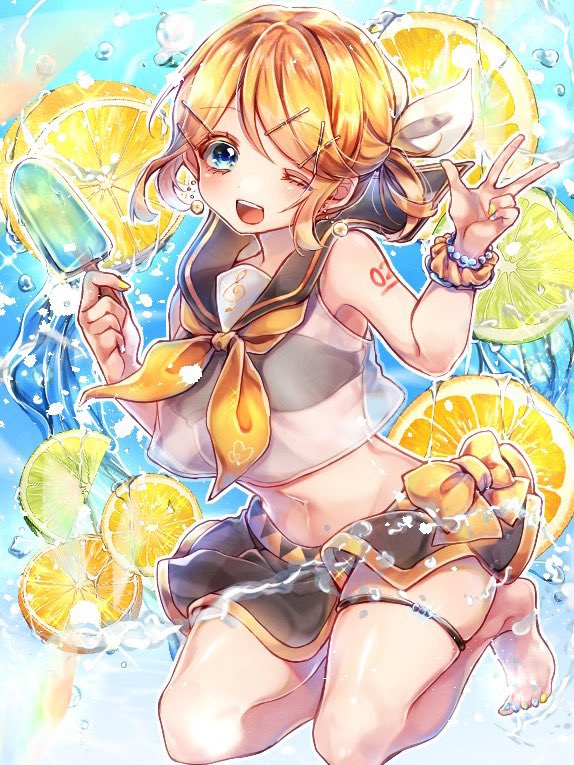 1girl bangs barefoot blonde_hair bow commentary crop_top food fruit full_body hair_bow hair_ornament hairclip hands_up holding holding_food kagamine_rin legs_up lemon looking_at_viewer midriff nail_polish navel neckerchief one_eye_closed open_mouth popsicle sailor_collar sapphire_(ema-n) scrunchie see-through short_hair smile solo splashing swept_bangs swimsuit thigh_strap vocaloid w white_bow wrist_scrunchie yellow_nails