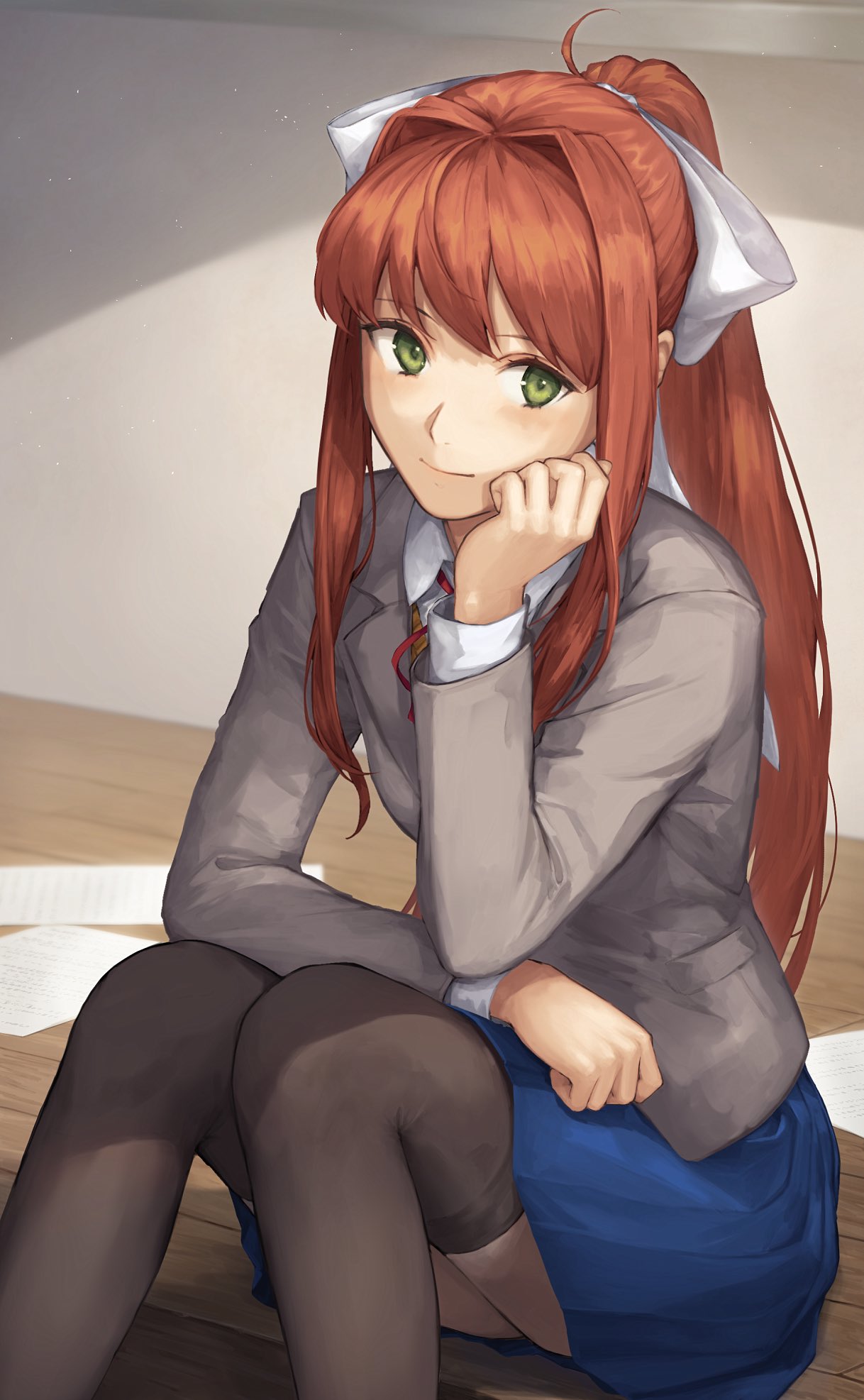 1girl bangs black_legwear blue_skirt brown_hair chin_rest commentary doki_doki_literature_club green_eyes grey_jacket hair_ribbon highres jacket kouzuki_kei light_smile long_hair long_sleeves looking_at_viewer monika_(doki_doki_literature_club) ponytail ribbon school_uniform sidelocks sitting skirt solo thigh-highs white_ribbon wooden_floor