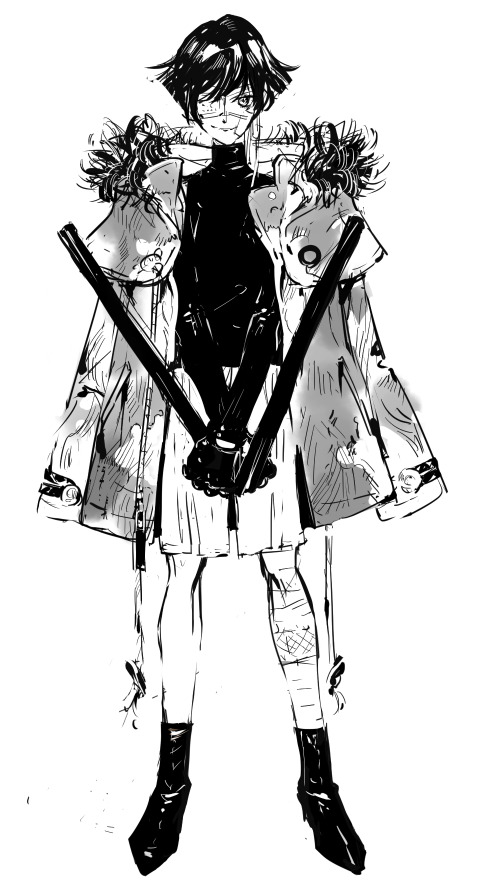 1girl bandaged_leg bandages bandaid bandaid_on_cheek bandaid_on_face boots dual_wielding eyepatch full_body fur-trimmed_hood fur_trim gloves greyscale holding holding_weapon hood hooded_jacket jacket jacket_on_shoulders looking_at_viewer monochrome nishihara_isao original short_hair shorts sketch smile solo tonfa turtleneck weapon