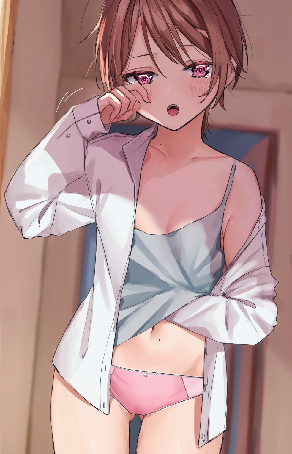 1girl ass_visible_through_thighs bangs blue_shirt blurry blurry_background bow bow_panties brown_hair camisole chigusa_minori commentary cowboy_shot depth_of_field doorway dress_shirt dutch_angle half-closed_eyes hand_under_clothes hand_under_shirt highres indoors lace lace-trimmed_panties lifted_by_self long_sleeves looking_at_viewer motion_lines navel no_pants off_shoulder open_mouth original panties pink_panties shirt shirt_lift short_hair sleepy solo standing tears underwear violet_eyes white_shirt wiping_tears