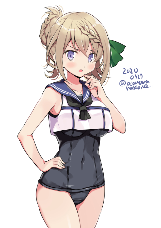 1girl black_swimsuit blonde_hair blue_sailor_collar blush breasts collarbone cowboy_shot dated eyebrows_visible_through_hair hair_between_eyes kantai_collection large_breasts odawara_hakone one-piece_swimsuit open_mouth perth_(kantai_collection) sailor_collar sailor_shirt school_swimsuit shirt short_hair simple_background sleeveless sleeveless_shirt solo swimsuit swimsuit_under_clothes twitter_username violet_eyes white_background white_shirt