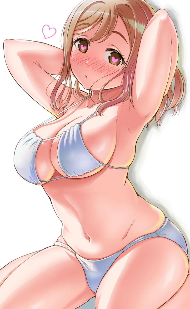 1girl :o armpits arms_behind_head bikini blush breasts brown_hair gonta_(gshoutai) heart heart-shaped_pupils highres kneeling kunikida_hanamaru large_breasts love_live! love_live!_sunshine!! navel sitting solo swimsuit symbol-shaped_pupils thighs wariza white_background white_bikini yellow_eyes