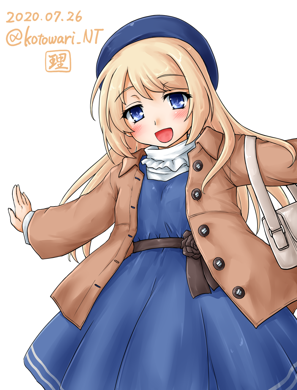 1girl artist_logo beret blonde_hair blue_dress blue_eyes blue_headwear brown_coat coat dated dress english_commentary hat highres jervis_(kantai_collection) kantai_collection kotowari_(newtype_kenkyuujo) looking_at_viewer outstretched_arms simple_background smile solo twitter_username white_background
