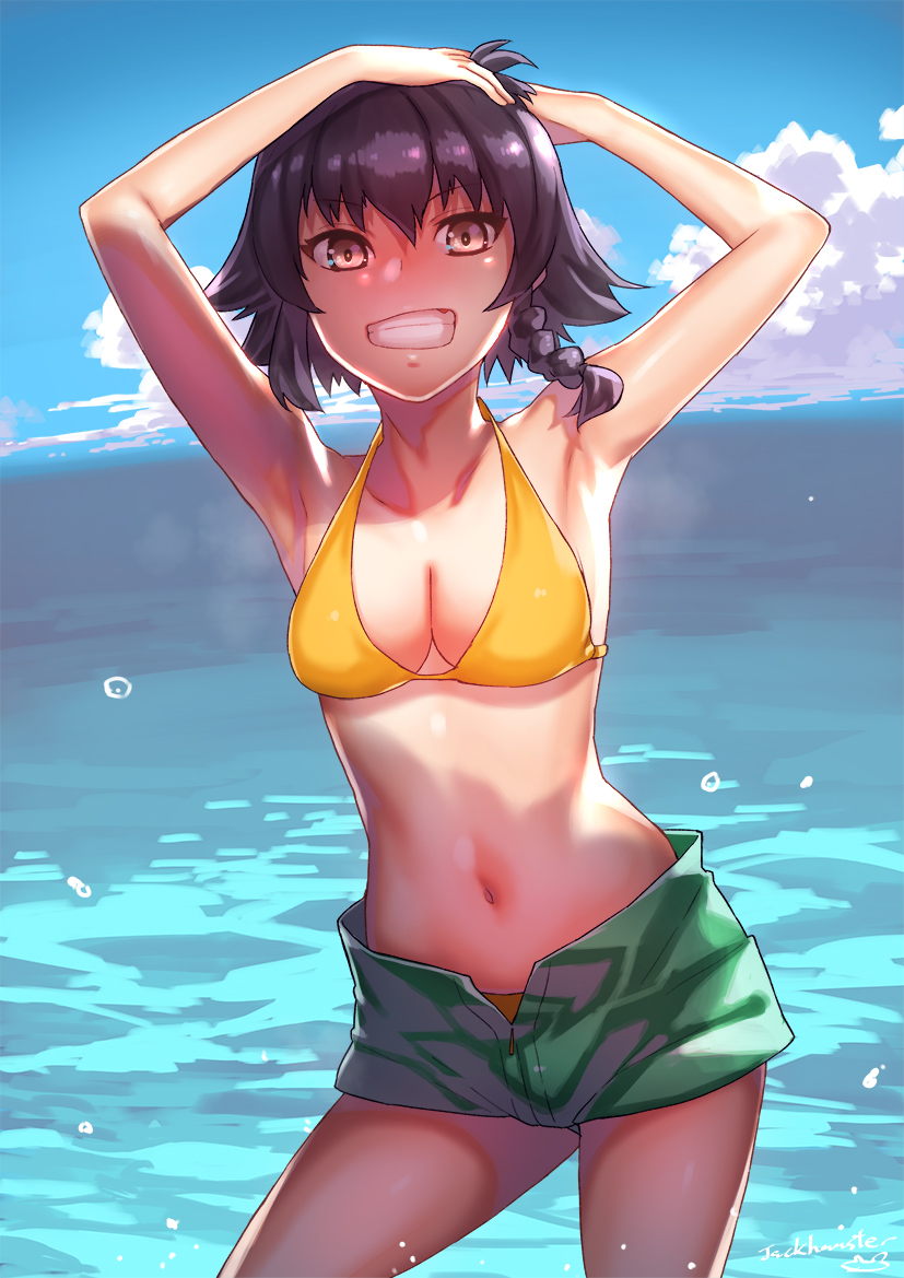 1girl bangs bikini black_hair blue_sky braid brown_eyes clouds commentary_request cowboy_shot day girls_und_panzer green_shorts grin hands_on_own_head horizon jack_hamster looking_at_viewer ocean open_fly outdoors pepperoni_(girls_und_panzer) short_hair shorts side_braid sky smile solo swimsuit yellow_bikini