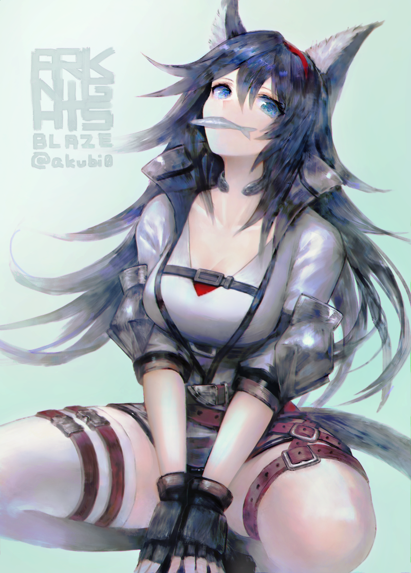 1girl akubi_(fyfy) animal_ears aqua_background arknights artist_name bangs black_gloves blaze_(arknights) blue_eyes blue_hair breasts cat_ears cat_tail character_name commentary_request elbow_pads fingerless_gloves fish gloves gradient gradient_background hair_between_eyes hairband jacket long_hair looking_at_viewer medium_breasts mouth_hold red_hairband single_thighhigh sitting solo tail thigh-highs thigh_strap twitter_username white_jacket white_legwear