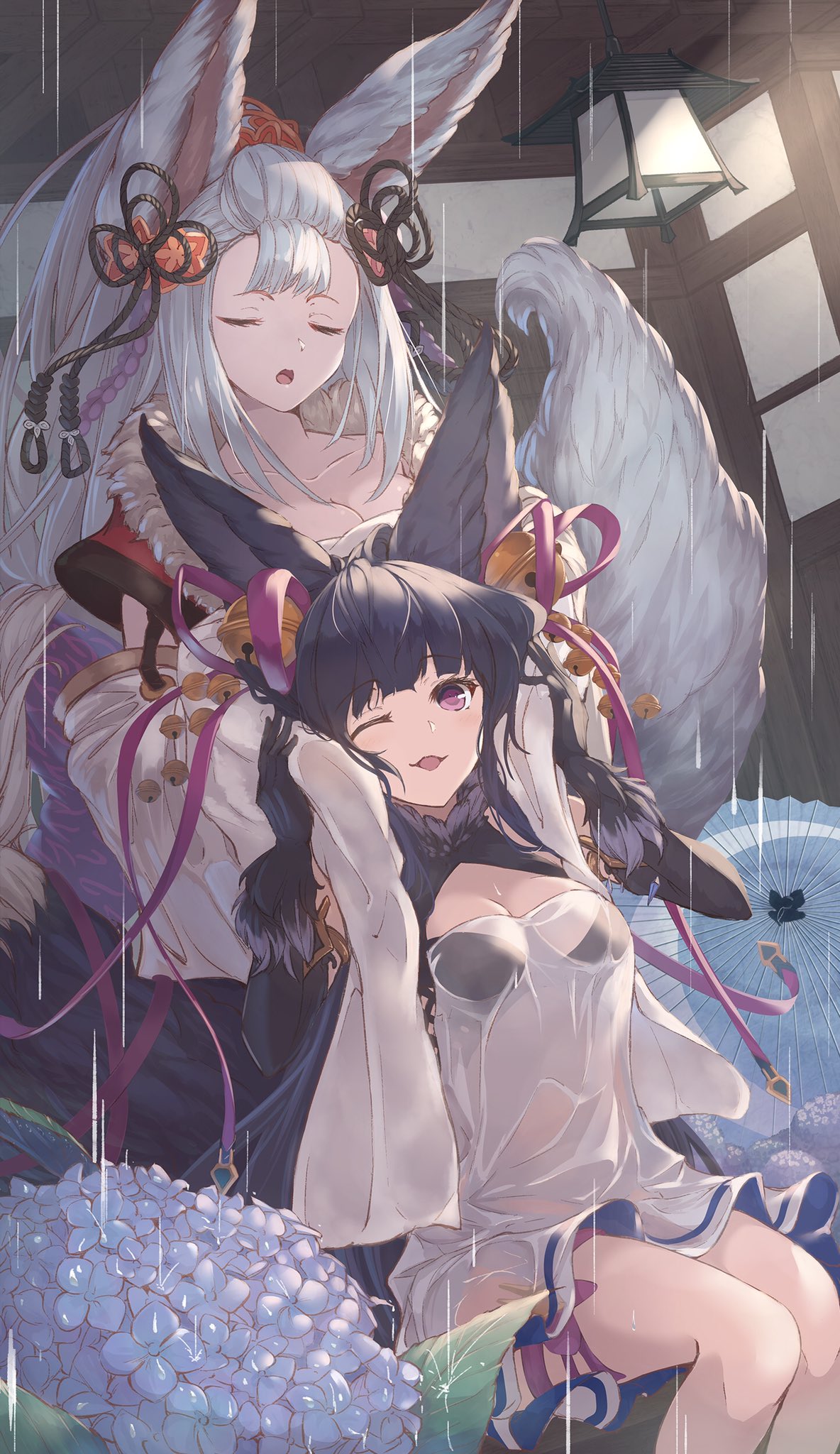 2girls animal_ears bangs bell black_gloves black_hair breasts closed_eyes coffee1223 detached_sleeves elbow_gloves erune flower fox_ears fox_tail fur_trim gloves granblue_fantasy hair_bell hair_ornament hair_ribbon highres holding_hands hydrangea jingle_bell lamp long_hair medium_breasts multiple_girls one_eye_closed oriental_umbrella pink_eyes rain ribbon see-through shirt silver_hair sitting socie_(granblue_fantasy) swimsuit tail umbrella very_long_hair wet wet_clothes wet_shirt yuel_(granblue_fantasy)