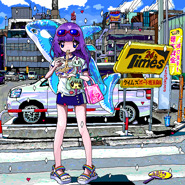 1girl ace_akira bag bangs car eating english_text eyewear_on_head food ground_vehicle inflatable_orca inflatable_toy long_hair motor_vehicle noodles orca original parking_lot pixel_art purple_hair ramen sandals sign solo sunglasses van