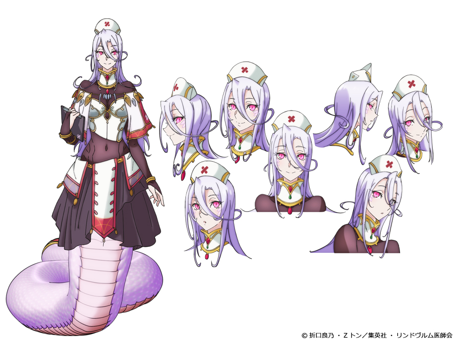 1girl bangs bracelet breasts bridal_gauntlets expression_chart eyebrows_visible_through_hair full_body hair_between_eyes hat jewelry lamia long_hair looking_at_viewer monster_girl monster_musume_no_oisha-san multiple_views nurse_cap official_art pink_eyes purple_hair saphentite_neikes scales simple_background smile white_background