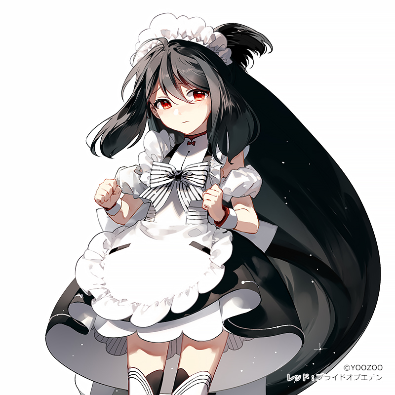 1girl ahoge apron bangs black_dress black_hair bow character_request copyright_request dress dress_bow layered_dress long_hair maid_headdress red_eyes rella simple_background solo white_background white_bow wrist_cuffs