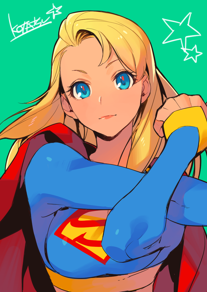 1girl blonde_hair blue_bodysuit blue_eyes bodysuit cape closed_mouth cross-body_stretch grey_background highres kotatsu_(g-rough) lips long_hair looking_at_viewer red_cape signature simple_background solo stretch supergirl superhero superman_(series) upper_body
