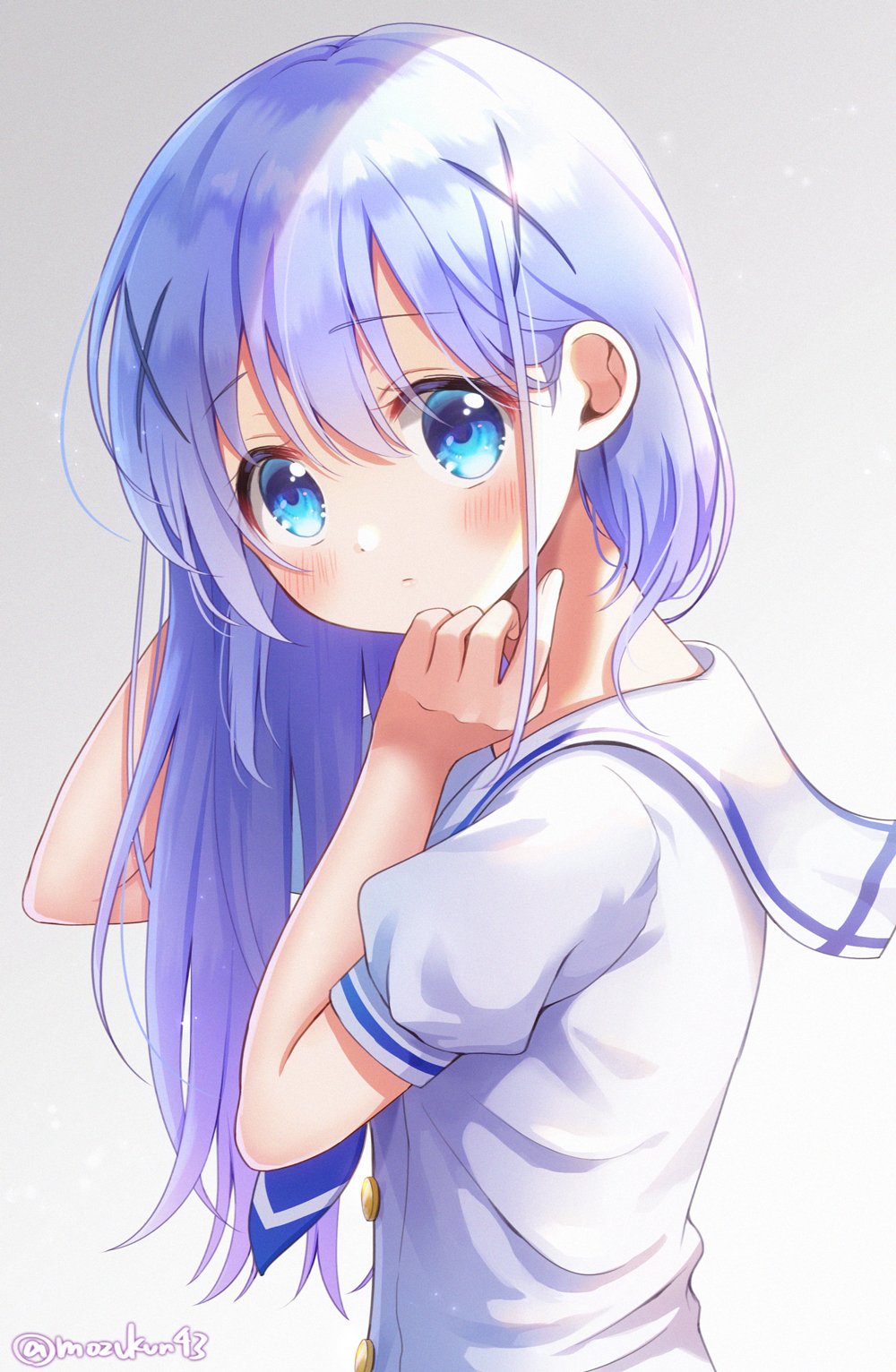 1girl bangs blue_eyes blue_hair blush commentary eyebrows_visible_through_hair gochuumon_wa_usagi_desu_ka? gradient gradient_background grey_background hair_between_eyes hair_ornament hair_over_shoulder hands_up highres kafuu_chino kafuu_chino's_school_uniform long_hair looking_at_viewer mozukun43 nape puffy_short_sleeves puffy_sleeves school_uniform shirt short_sleeves simple_background solo twitter_username upper_body white_shirt x_hair_ornament