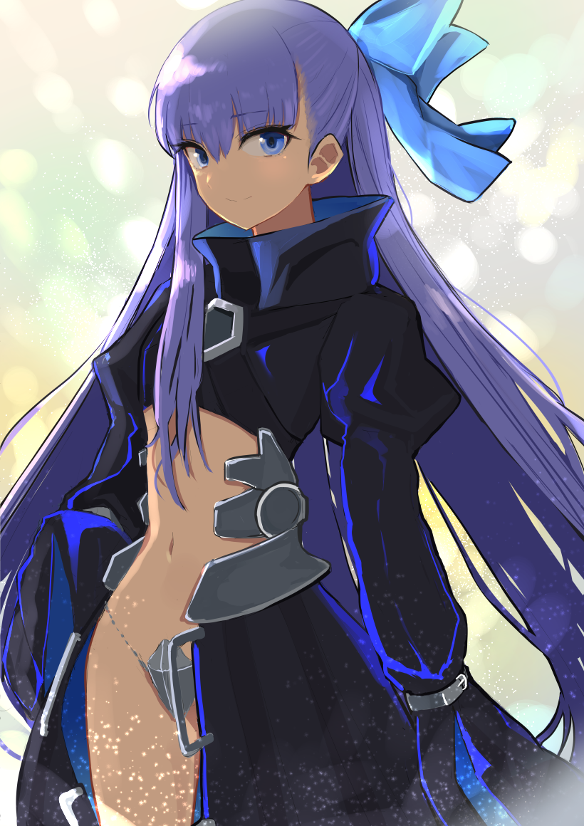 1girl backlighting bangs black_jacket blue_eyes blue_ribbon blush breasts closed_mouth cropped_jacket crotch_plate fate/extra fate/extra_ccc fate_(series) hair_ribbon hinomaru_(futagun) jacket long_hair long_sleeves looking_at_viewer meltryllis navel purple_hair ribbon sleeves_past_fingers sleeves_past_wrists small_breasts smile thighs very_long_hair