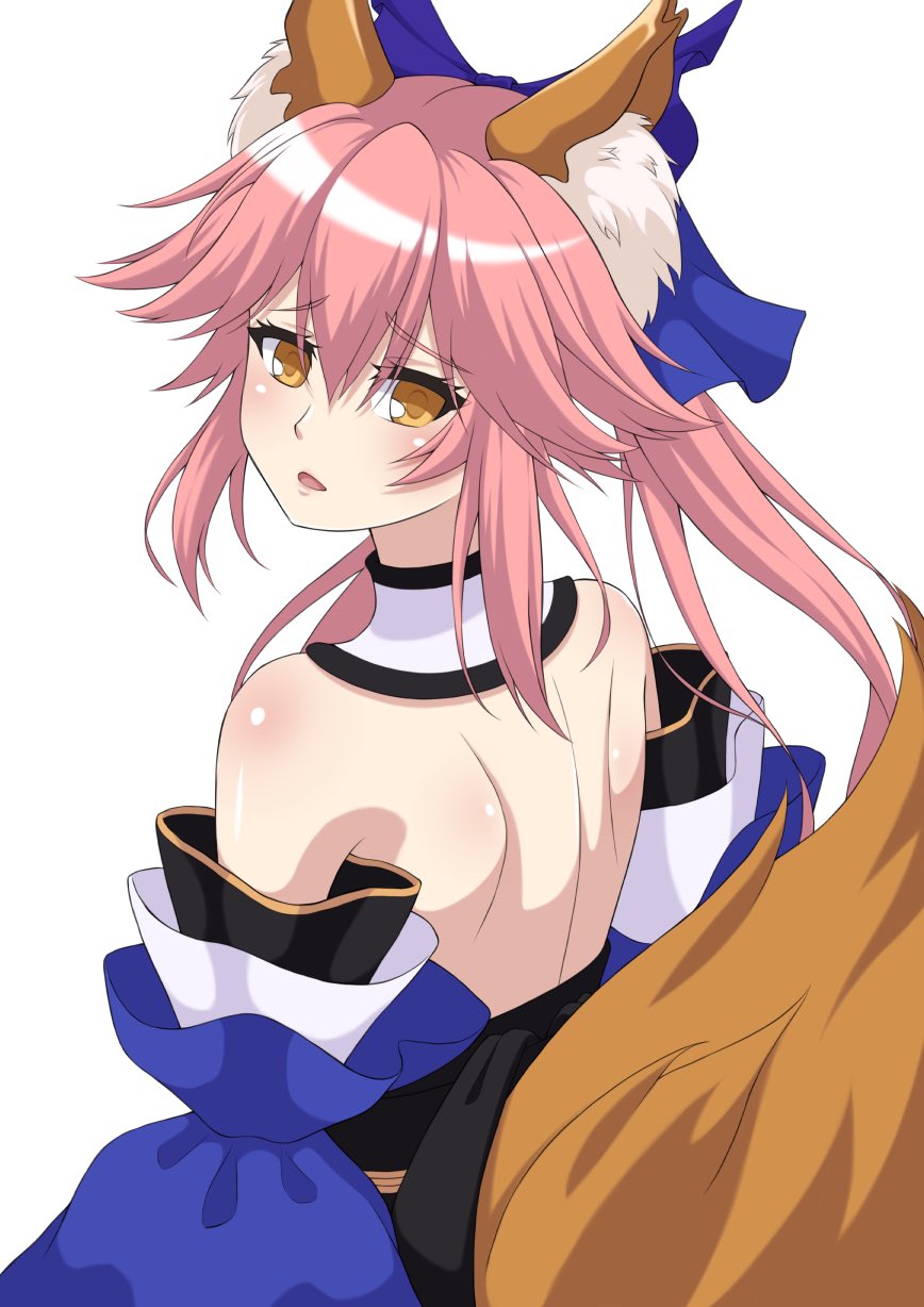 1girl animal_ear_fluff animal_ears backless_outfit bangs bare_shoulders blue_bow blue_sleeves blush bow brown_eyes detached_sleeves eyebrows_visible_through_hair fate/extra fate_(series) fox_ears fox_girl fox_tail from_behind hair_between_eyes hair_bow highres long_hair looking_at_viewer looking_back obi parted_lips pink_hair ponytail sakaki_jin'ya sash simple_background solo tail tamamo_(fate)_(all) tamamo_no_mae_(fate) white_background