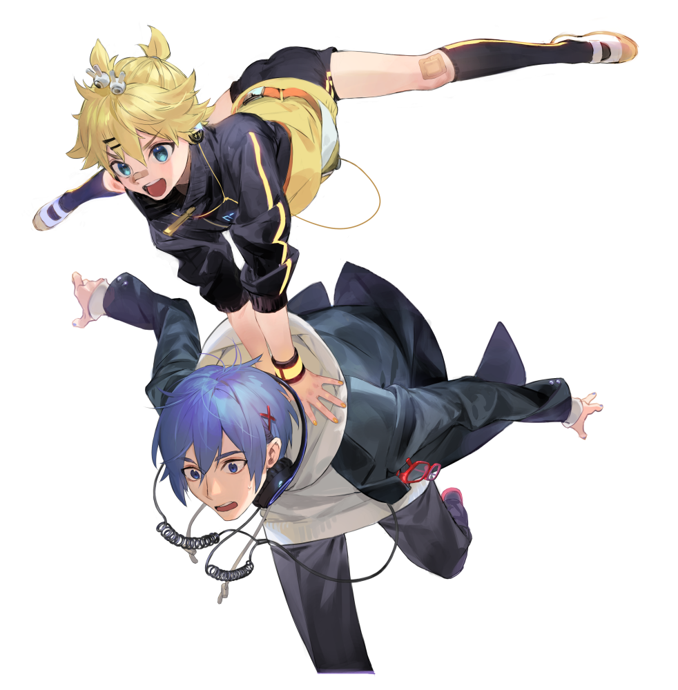 2boys aqua_eyes bandaid bandaid_on_knee bandaid_on_nose black_jacket black_legwear black_pants blonde_hair blue_eyes blue_hair cable falling glasses hair_ornament hairclip hands_on_another's_back headphones headphones_around_neck hopping jacket kagamine_len kaito kneehighs leap_frog male_focus multiple_boys naoko_(naonocoto) open_mouth outstretched_arms outstretched_legs pants red-tinted_eyewear school_uniform_parka_(module) short_ponytail shorts smile spiky_hair stylish_energy_(module) surprised track_jacket v-shaped_eyebrows vocaloid white_footwear white_hoodie