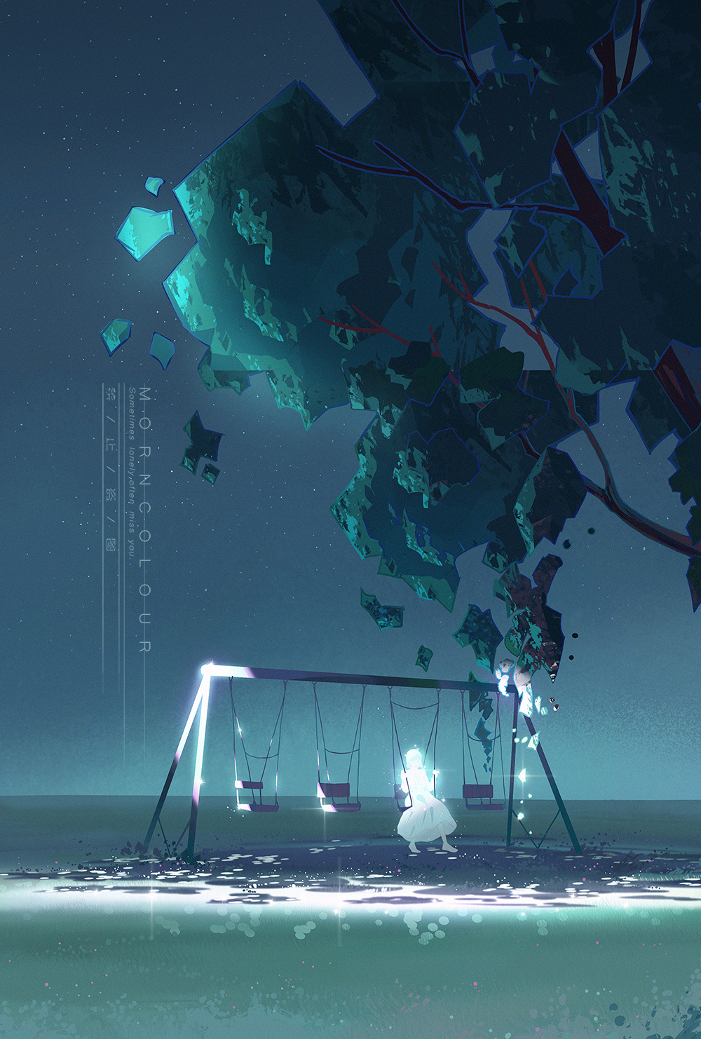 1girl artist_name chain chair dress english_text engrish_text hanging highres morncolour night original outdoors ranguage scenery short_hair sitting sky solo star_(sky) starry_sky swing swing_set tree white_dress white_hair
