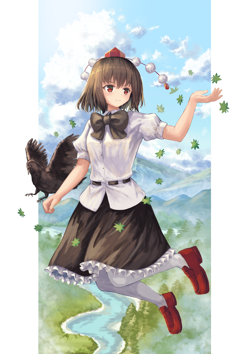 1girl arm_up belt bird black_neckwear black_skirt blue_sky bow bowtie brown_hair clouds commentary_request crow floating folded_leg forest hair_between_eyes hat highres lake leaf looking_to_the_side maple_leaf mountain nature ookashippo pantyhose petticoat pom_pom_(clothes) puffy_short_sleeves puffy_sleeves red_eyes red_footwear red_headwear river scenery shameimaru_aya shirt short_hair short_sleeves skirt sky smile solo tokin_hat touhou untucked_shirt white_legwear white_shirt