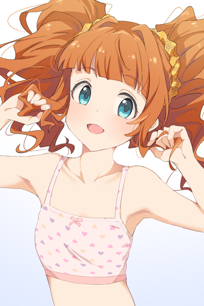 1girl armpits arms_up bangs bare_shoulders blue_background blush bra breasts brown_hair collarbone commentary_request gradient gradient_background green_eyes hair_ornament hair_scrunchie highres hiroki_(yyqw7151) idolmaster idolmaster_(classic) idolmaster_million_live! looking_at_viewer medium_hair midriff open_mouth orange_hair pink_background scrunchie small_breasts smile solo takatsuki_yayoi twintails underwear upper_body