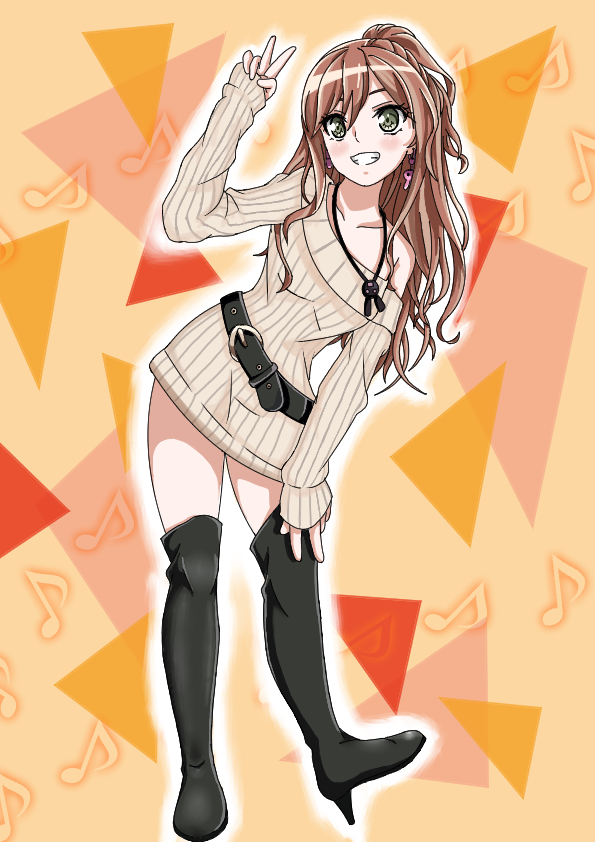 1girl bang_dream! boots brown_hair dress green_eyes imai_lisa long_hair metyakutyamatya off-shoulder_shirt off_shoulder ribbed_sweater shirt sweater sweater_dress thigh-highs thigh_boots