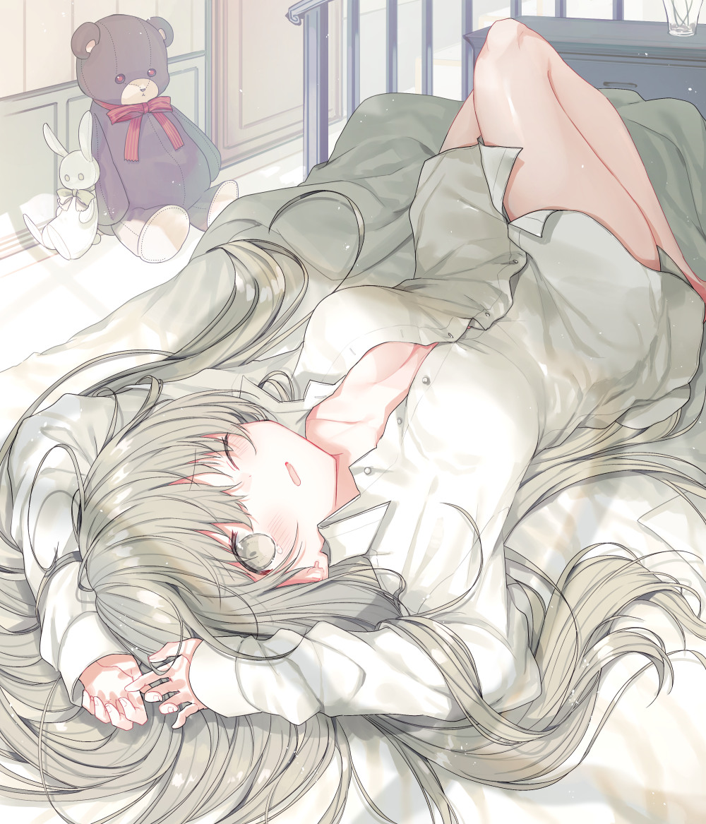 1girl arms_up barefoot blush breasts cecilia_(shiro_seijo_to_kuro_bokushi) chest_of_drawers collared_shirt commentary_request dress_shirt full_body grey_eyes grey_hair indoors kazutake_hazano knee_up long_hair long_sleeves lying medium_breasts naked_shirt on_back on_bed one_eye_closed parted_lips shiro_seijo_to_kuro_bokushi shirt sleeves_past_wrists solo stuffed_animal stuffed_bunny stuffed_toy teddy_bear very_long_hair white_shirt