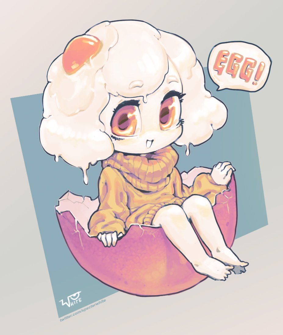 1girl bare_legs barefoot borrowed_character character_name crack dripping egg egg_(lemyawn) eyebrows_visible_through_hair full_body long_sleeves medium_hair open_mouth orange_eyes orange_sweater original shell sitting smile solo specterwhite speech_bubble sunny_side_up_egg sweater watermark web_address white_hair