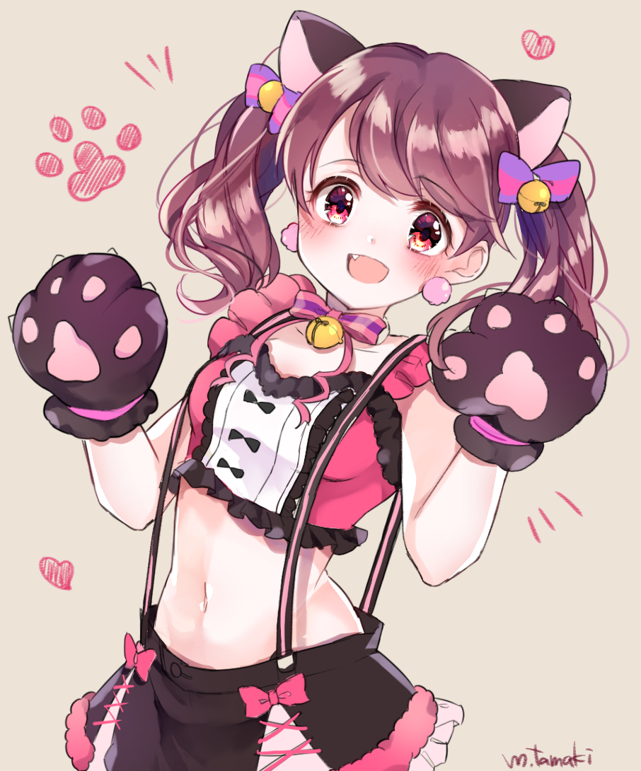 1girl alternate_hairstyle animal_ears bell black_skirt blush brown_background brown_hair cat_ears cat_paws crop_top earrings gloves hair_bell hair_ornament hair_ribbon heart idolmaster idolmaster_cinderella_girls jewelry jingle_bell long_hair looking_at_viewer midriff navel open_mouth paw_gloves paw_print paws pink_shirt red_eyes ribbon shiina_noriko shirt simple_background skirt smile solo suspender_skirt suspenders tamao_tamaki twintails