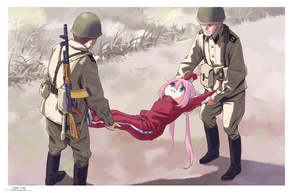 1girl 2boys ahoge assault_rifle blue_eyes carrying gun hair_between_eyes holstered_weapon horikou kagamihara_nadeshiko long_hair military military_uniform multiple_boys pink_hair rifle track_suit twintails uniform weapon yurucamp