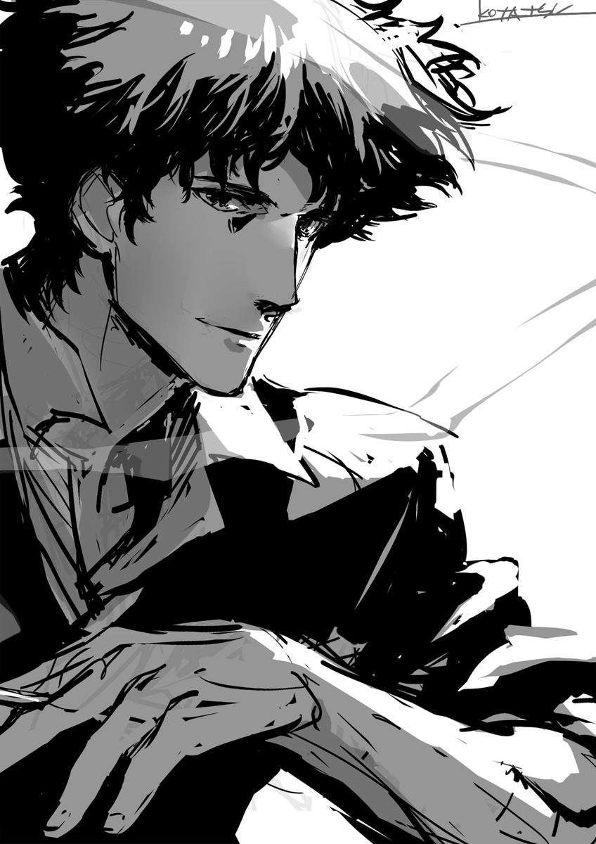 1boy cigarette closed_mouth collared_shirt cowboy_bebop greyscale highres holding holding_cigarette kotatsu_(g-rough) looking_at_viewer male_focus monochrome popped_collar shirt signature sketch smile solo spike_spiegel sweater upper_body wing_collar