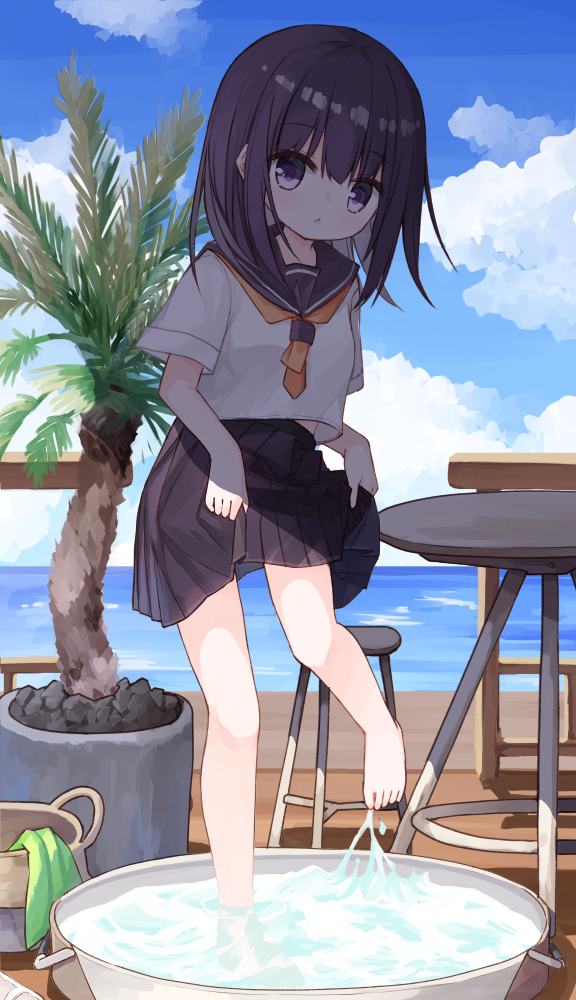 1girl :o bangs barefoot black_hair black_sailor_collar black_skirt blush brown_neckwear day eyebrows_visible_through_hair hair_between_eyes horizon looking_at_viewer ocean original outdoors palm_tree parted_lips plant pleated_skirt potted_plant railing sailor_collar school_uniform serafuku shirt short_sleeves skirt skirt_hold solo standing standing_on_one_leg stool table tree violet_eyes water white_shirt yuuhagi_(amaretto-no-natsu)