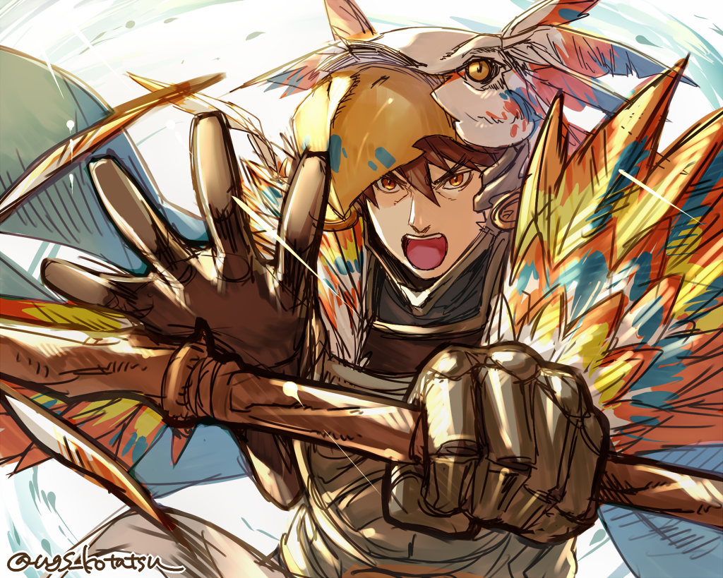 1boy brown_eyes brown_gloves brown_hair feathers gloves granblue_fantasy hat kotatsu_(g-rough) looking_at_viewer male_focus nezahualpilli open_mouth shaman sketch solo twitter_username upper_body