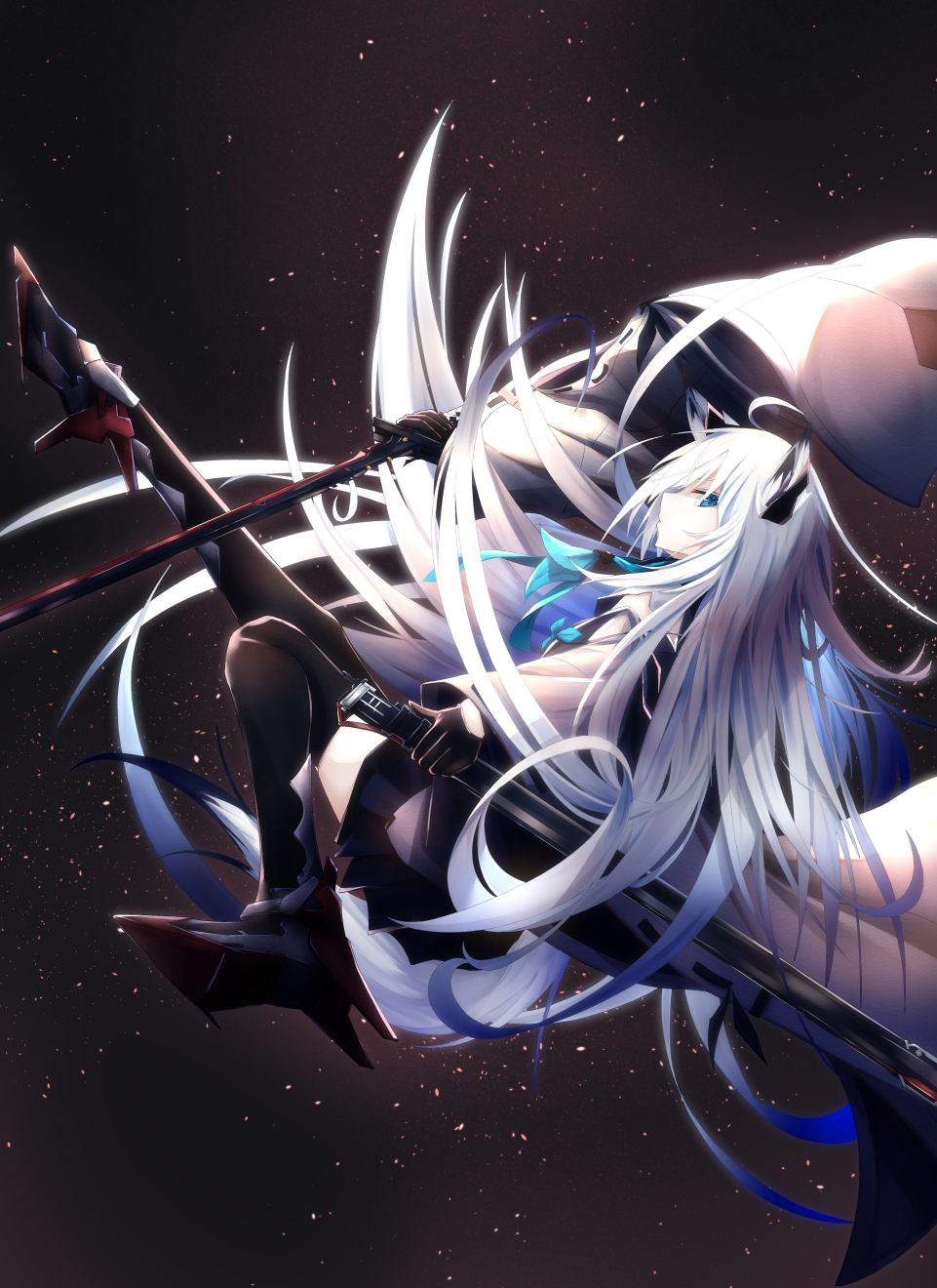 1girl animal_ears azur_lane black_gloves black_sailor_collar black_skirt blue_eyes blue_neckwear floating fox_ears fox_girl full_body gloves grey_hair half_gloves highres holding holding_sword holding_weapon kawakaze_(azur_lane) long_hair multiple_swords pleated_skirt ribbon-trimmed_sleeves ribbon_trim sailor_collar skirt solo sword thigh-highs tsukimiya_(tsukinami15) very_long_hair weapon white_hair zettai_ryouiki