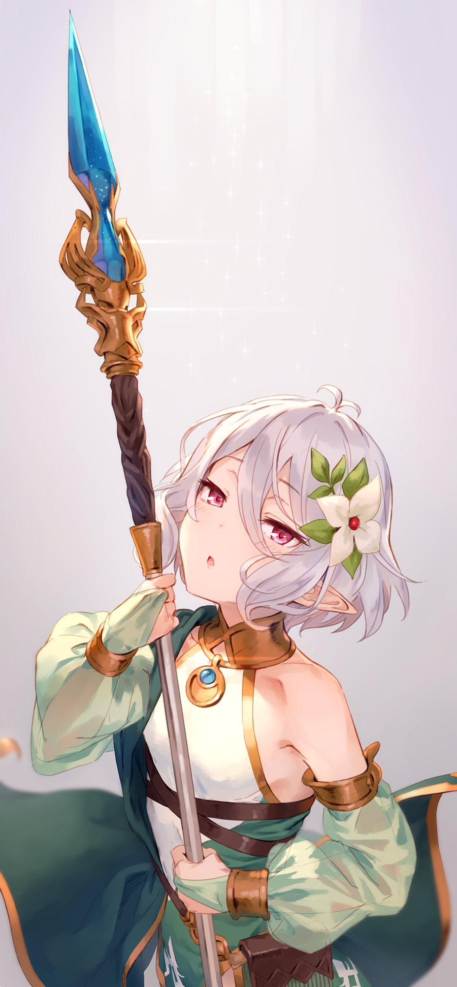 1girl antenna_hair bangs bare_shoulders blush breasts detached_sleeves dress elf eyebrows_visible_through_hair flower hair_between_eyes hair_flower hair_ornament highres holding holding_spear holding_weapon kinta_(distortion) kokkoro_(princess_connect!) long_sleeves looking_at_viewer open_mouth pink_eyes pointy_ears polearm princess_connect! princess_connect!_re:dive short_hair silver_hair sleeveless sleeveless_dress small_breasts solo spear weapon white_flower