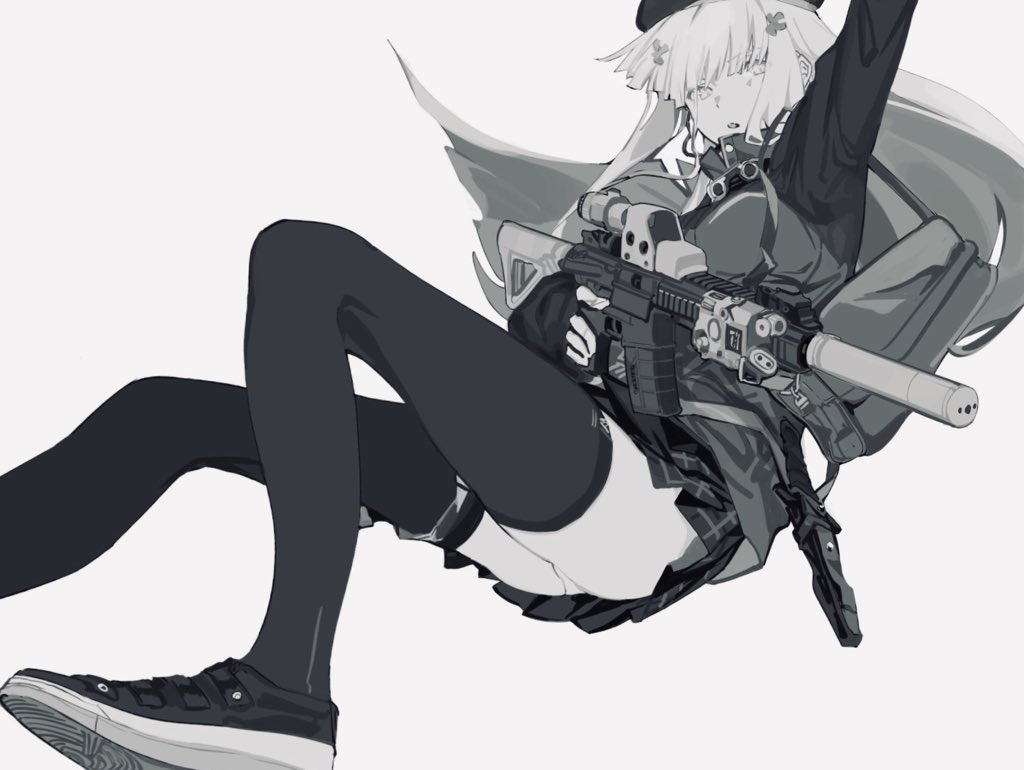 1girl assault_rifle bangs eyebrows_visible_through_hair floating_hair from_below girls_frontline gun h&amp;k_hk416 hk416_(girls_frontline) holding holding_gun holding_weapon long_hair looking_at_viewer monochrome panties plaid plaid_skirt rifle skirt solo suiso_(owp) thigh-highs underwear weapon white_background