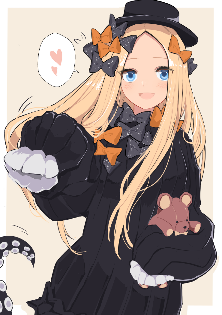 1girl abigail_williams_(fate/grand_order) bangs black_bow black_dress black_headwear blonde_hair blue_eyes bow breasts dress fate/grand_order fate_(series) forehead hair_bow hat heart hinomaru_(futagun) long_hair multiple_bows open_mouth orange_bow parted_bangs polka_dot polka_dot_bow ribbed_dress sleeves_past_fingers sleeves_past_wrists small_breasts smile spoken_heart stuffed_animal stuffed_toy teddy_bear tentacles