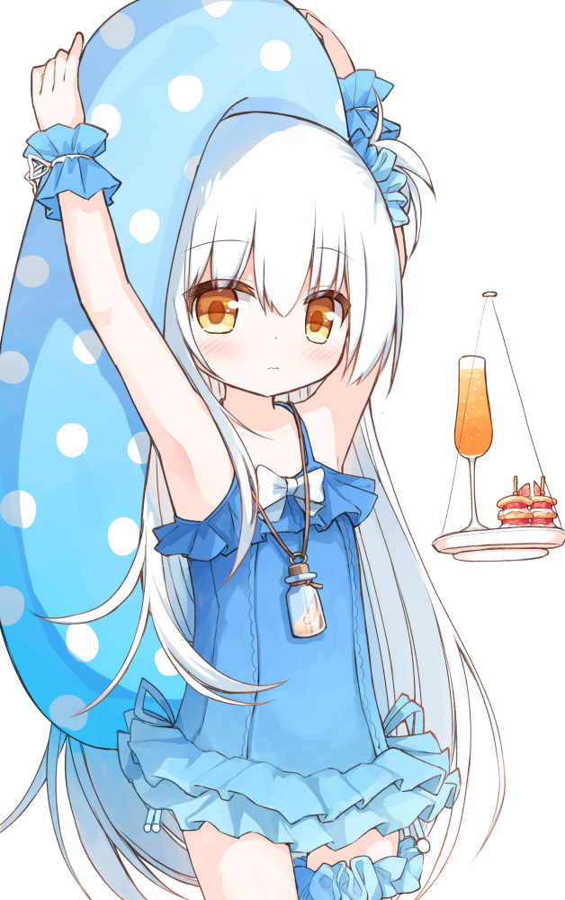 1girl arms_up bangs bare_shoulders blue_scrunchie blue_swimsuit blush brown_eyes bunny_girl_(yuuhagi_(amaretto-no-natsu)) casual_one-piece_swimsuit champagne_flute closed_mouth commentary_request cup drink drinking_glass eyebrows_visible_through_hair food frilled_swimsuit frills fruit hair_between_eyes hair_ornament hair_scrunchie innertube long_hair one-piece_swimsuit one_side_up polka_dot scrunchie simple_background solo strawberry swimsuit very_long_hair wavy_mouth white_background white_hair wrist_cuffs yuuhagi_(amaretto-no-natsu)