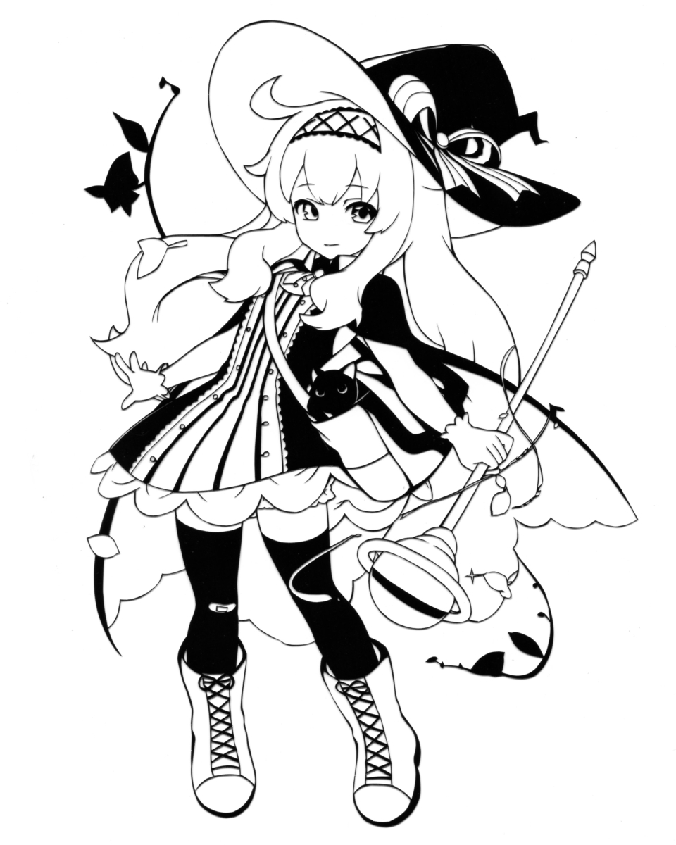 1girl boots capelet cloak cutout gloves highres kirigami little_witch_nobeta sukumizusenshi