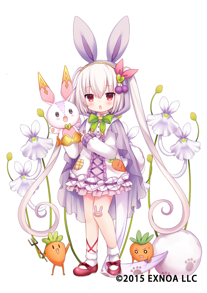 1girl animal_ears bangs blush bobby_socks bow cape commentary_request dress eyebrows_visible_through_hair flower flower_knight_girl full_body grey_cape hair_between_eyes hairband hand_puppet long_hair long_sleeves looking_at_viewer object_namesake official_art parted_lips pointing puppet purple_hairband rabbit_ears red_bow red_eyes red_footwear shiodome_oji shoes simple_background sleeves_past_wrists socks solo standing twintails usagigoke_(flower_knight_girl) very_long_hair white_background white_dress white_flower white_hair white_legwear