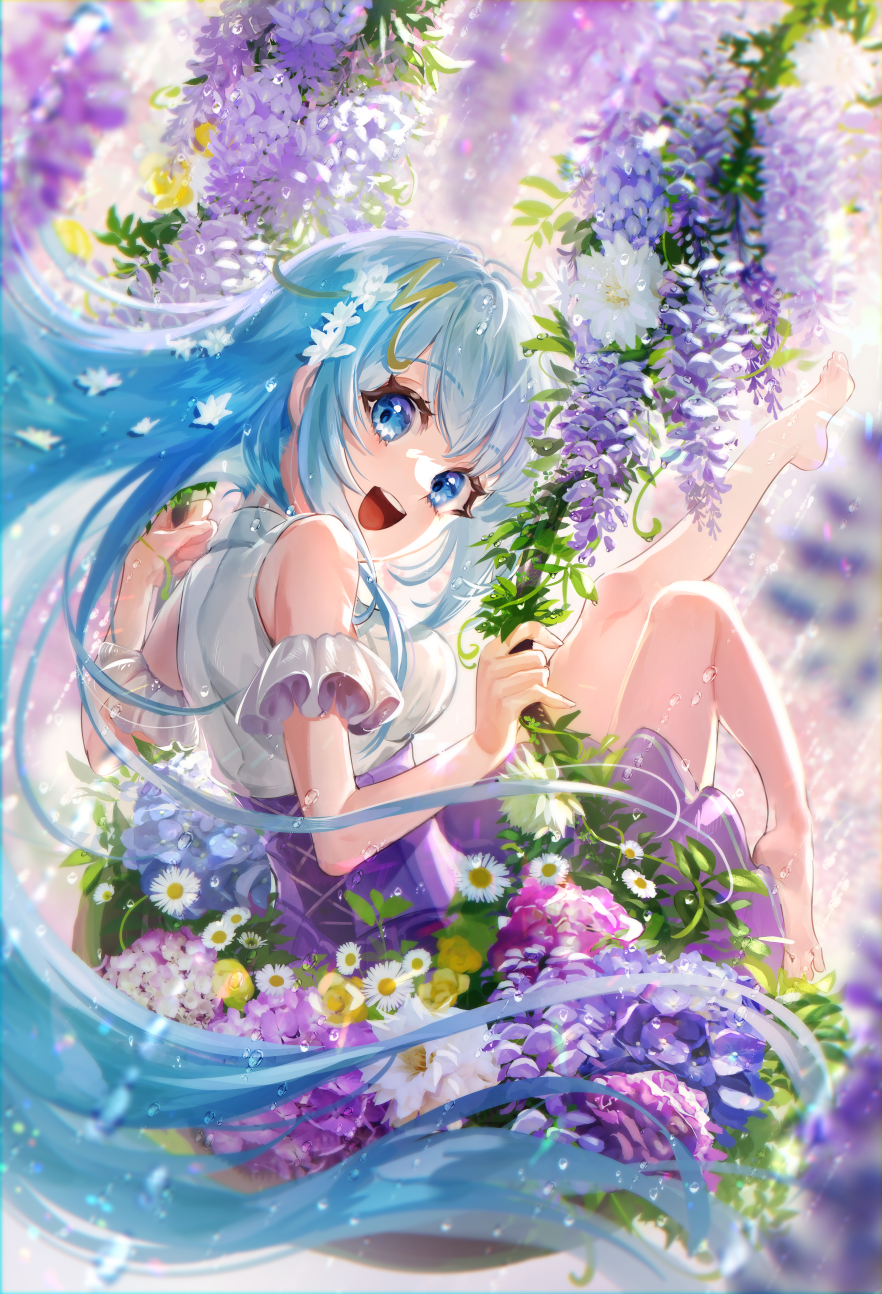 1girl :d bangs bare_shoulders barefoot blue_eyes blue_hair blush emori_miku emori_miku_project eyebrows_visible_through_hair feet flower galibo hair_ornament hairclip highres hydrangea leg_up letter_hair_ornament long_hair looking_at_viewer open_mouth plant rain shirt smile solo swing very_long_hair vines white_shirt wisteria