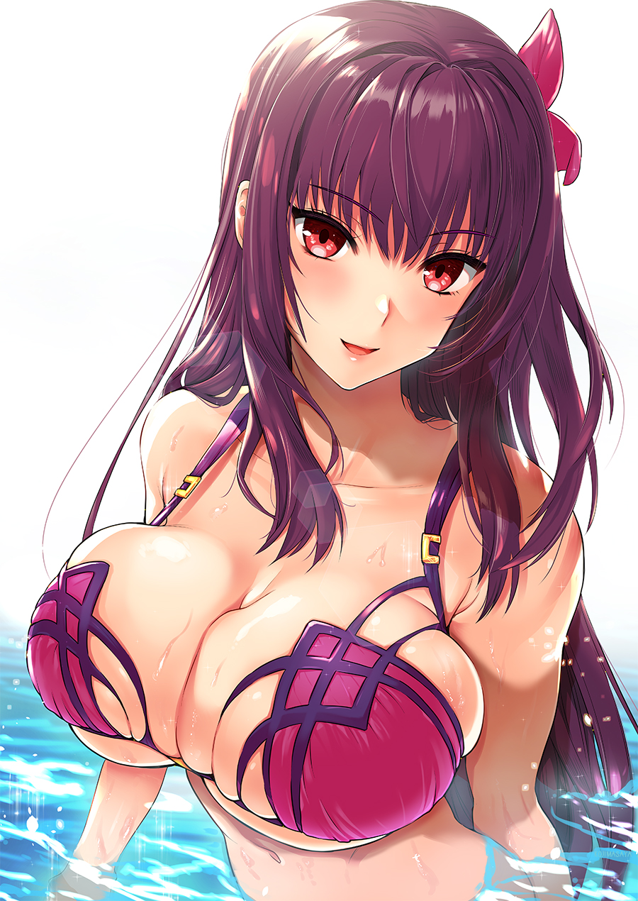 1girl alternate_costume bikini breasts bursting_breasts fate/grand_order fate_(series) flower hair_flower hair_intakes hair_ornament hibiscus highres kojima_saya large_breasts looking_at_viewer ocean partially_submerged pink_bikini purple_bikini purple_hair red_eyes scathach_(fate)_(all) scathach_(fate/grand_order) scathach_(swimsuit_assassin)_(fate) smile solo swimsuit water