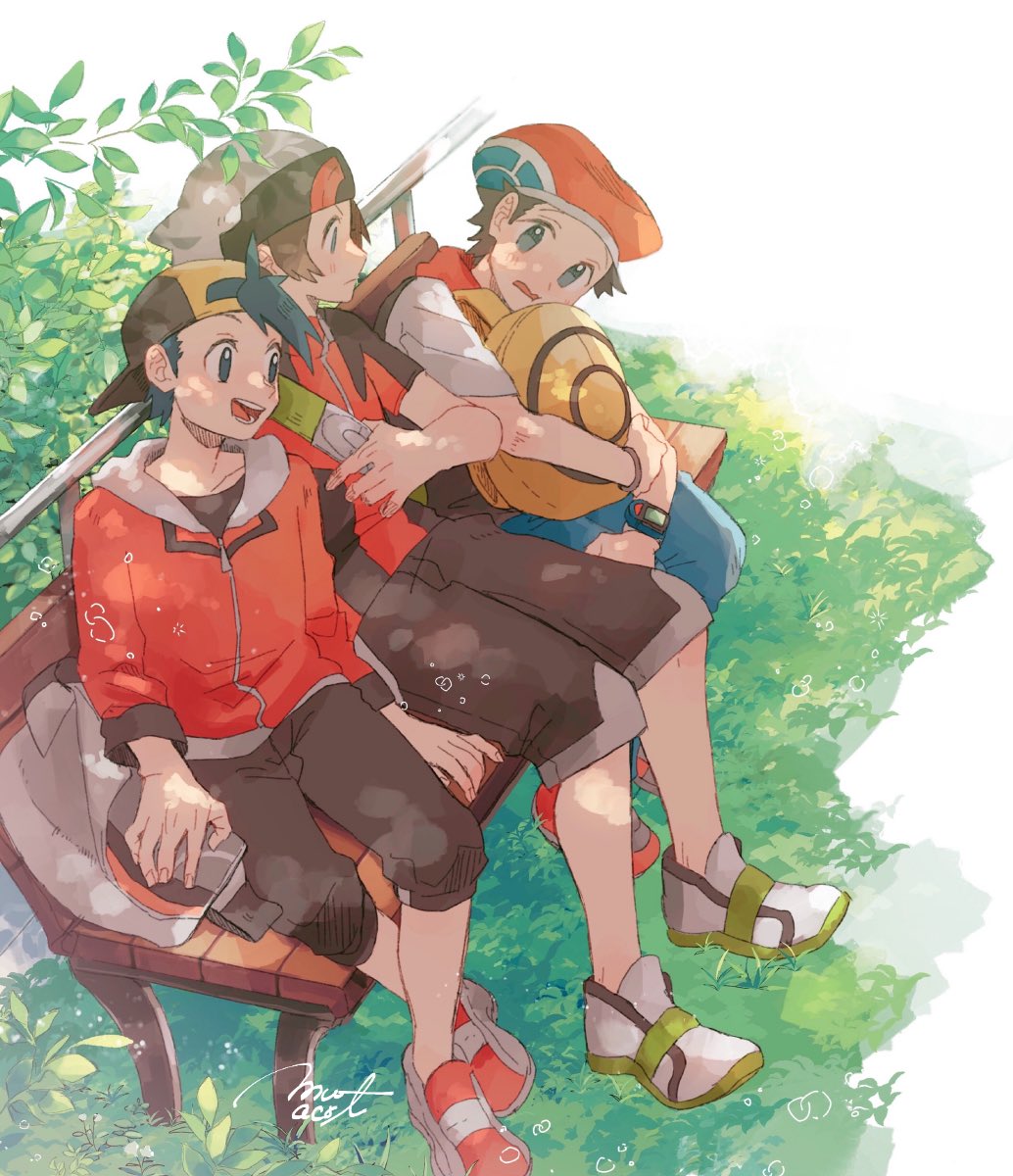 3boys backwards_hat bag baseball_cap bench black_hair black_shorts brown_hair gold_(pokemon) grass hat highres holding kouki_(pokemon) looking_at_another mu_acrt multiple_boys open_mouth pokemon pokemon_(game) pokemon_dppt pokemon_hgss pokemon_oras red_headwear shoes short_sleeves shorts shoulder_bag sitting smile teeth tongue wooden_bench yellow_bag yuuki_(pokemon)