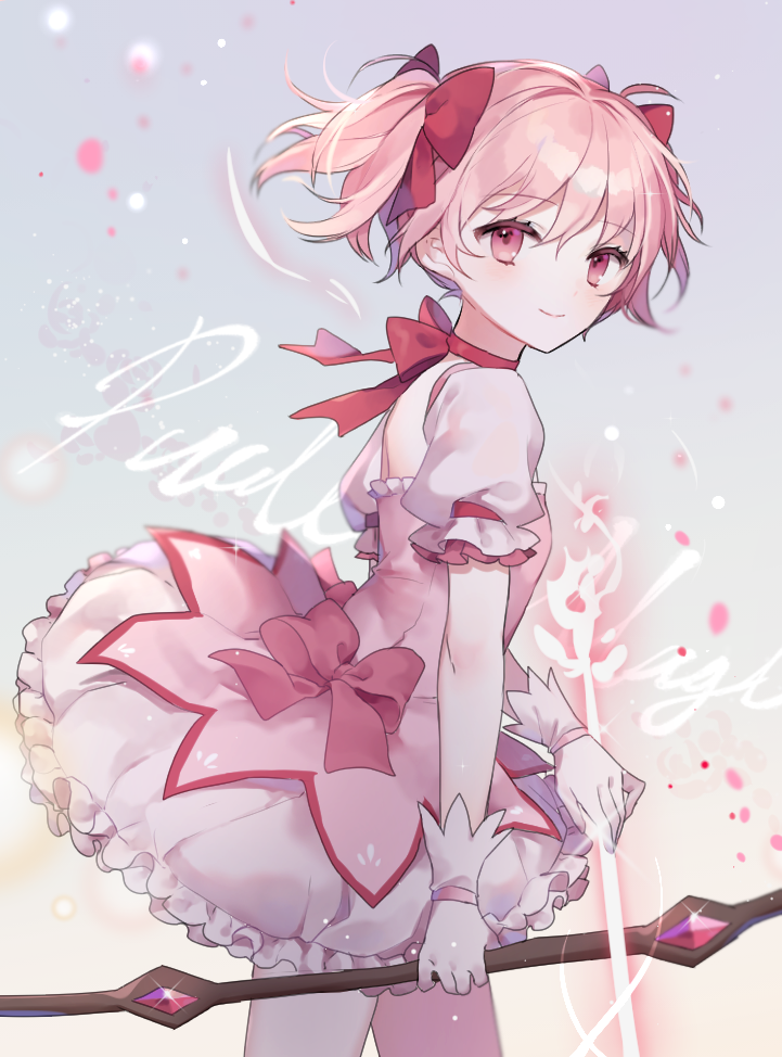 1girl bangs blush bow choker closed_mouth commentary dress eyebrows_visible_through_hair frilled_skirt frills gloves grey_background hair_between_eyes hair_bow holding holding_weapon kaname_madoka looking_at_viewer looking_to_the_side magical_girl mahou_shoujo_madoka_magica moffle_(ayabi) pink_dress pink_hair puffy_short_sleeves puffy_sleeves red_bow red_choker red_eyes ribbon_choker short_sleeves short_twintails skirt smile solo standing symbol_commentary twintails weapon white_gloves white_skirt