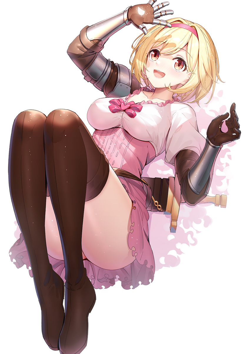 1girl :d arm_up ass bangs blonde_hair blush boots breasts brown_eyes brown_footwear brown_gloves brown_legwear commentary_request djeeta_(granblue_fantasy) dress eyebrows_visible_through_hair fighter_(granblue_fantasy) frilled_shirt frills gauntlets gloves granblue_fantasy hair_intakes hairband heart high-waist_skirt highres knees_up legs looking_at_viewer lying medium_breasts on_back open_mouth pink_dress pink_hairband pink_skirt puffy_short_sleeves puffy_sleeves red_eyes ririko_(zhuoyandesailaer) sheath sheathed shirt short_hair short_sleeves simple_background skirt smile solo sword thigh-highs thigh_boots upper_teeth weapon white_background white_shirt