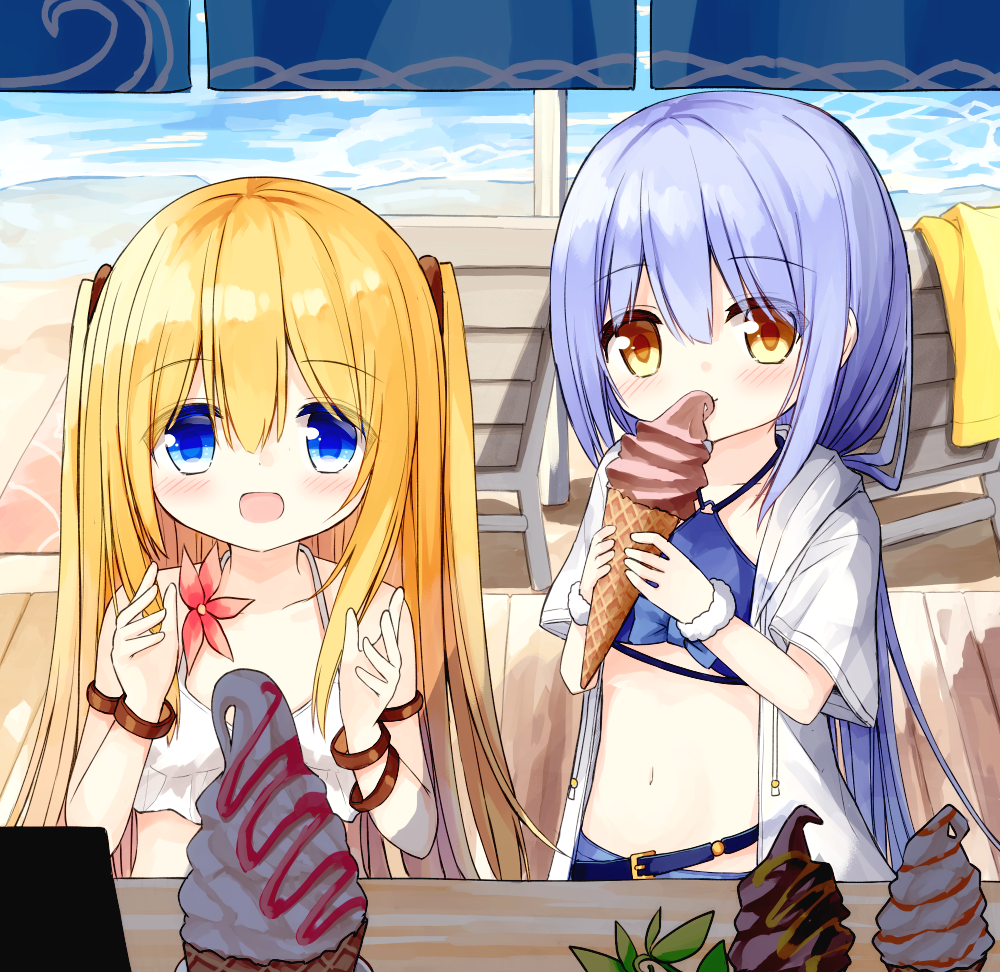 2girls :d bangs bare_shoulders bikini bikini_under_clothes blonde_hair blue_bikini blue_eyes blue_hair blush brown_eyes closed_mouth day drawstring eyebrows_visible_through_hair flower_girl_(yuuhagi_(amaretto-no-natsu)) food hair_between_eyes holding holding_food hood hood_down hooded_jacket ice_cream ice_cream_cone jacket long_hair multiple_girls open_mouth original outdoors short_sleeves smile soft_serve standing swimsuit two_side_up very_long_hair water white_bikini white_jacket wide_sleeves yuuhagi_(amaretto-no-natsu)