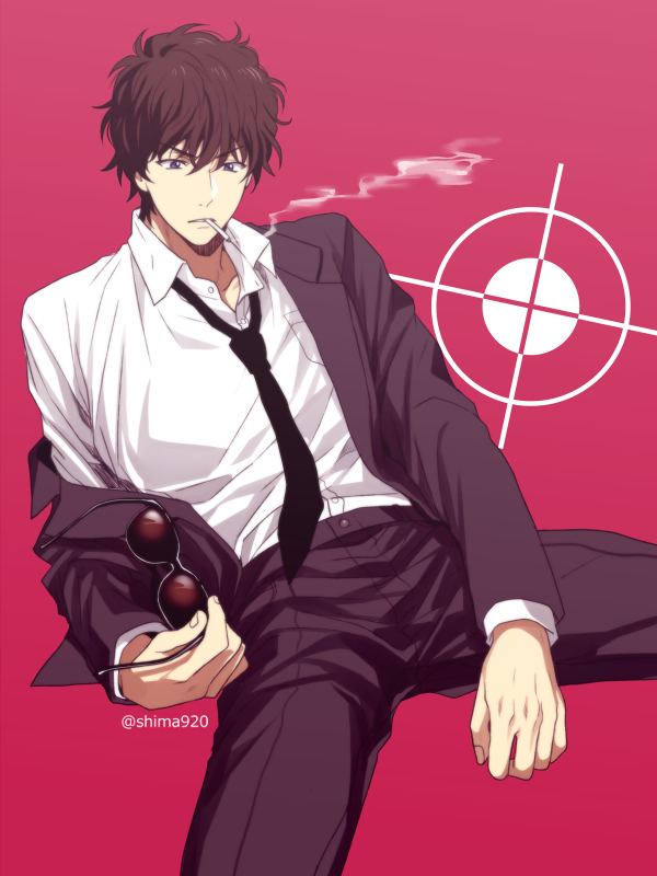 1boy black_hair black_jacket black_neckwear black_pants black_suit cigarette collared_shirt commentary_request cowboy_shot formal holding holding_eyewear invisible_chair jacket loose_necktie male_focus mashima_shima matsuda_jinpei meitantei_conan mouth_hold necktie open_clothes open_jacket pants pink_background shirt simple_background sitting smoke smoking solo spread_legs suit sunglasses target twitter_username white_shirt