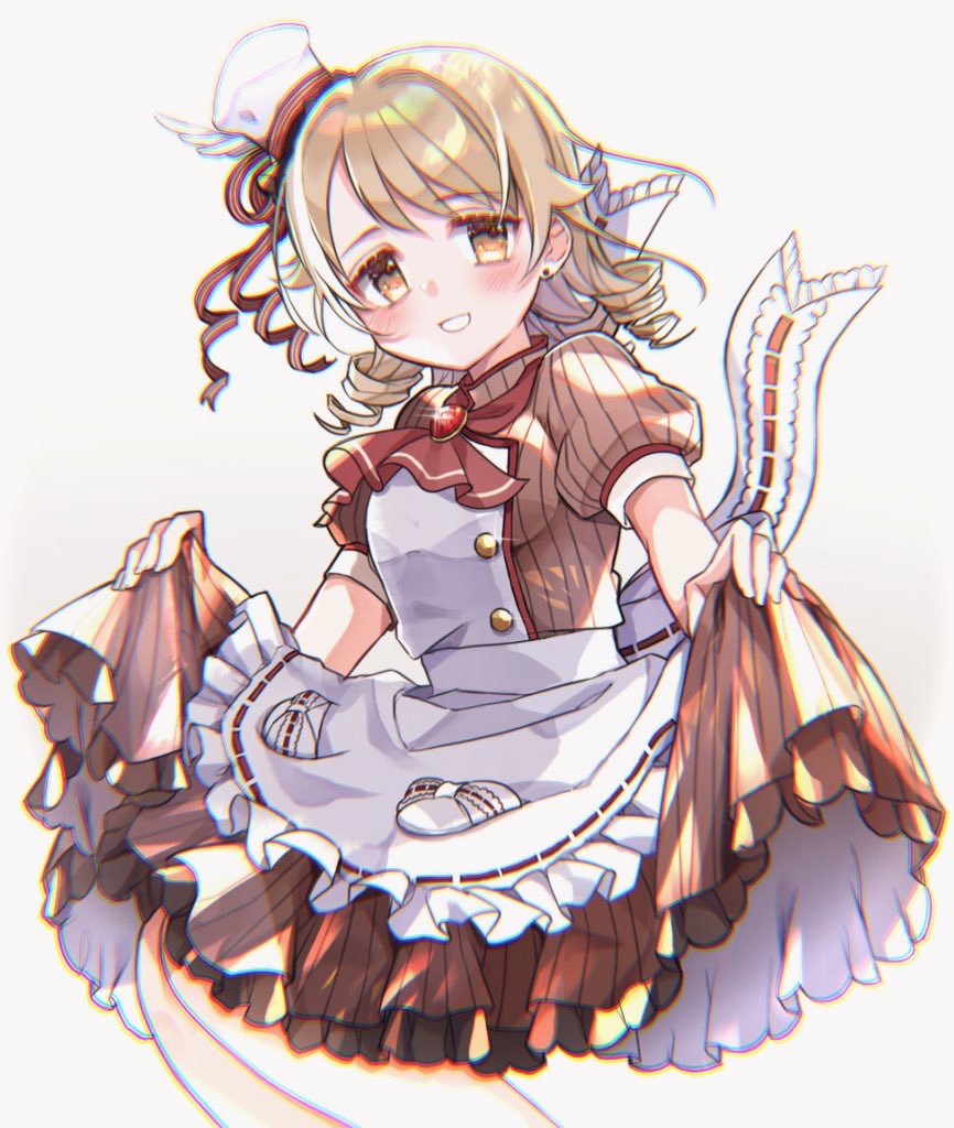 1girl apron bangs blurry blush brown_dress brown_eyes chef_hat chromatic_aberration cowboy_shot depth_of_field dress drill_hair earrings grey_background grin hat idolmaster idolmaster_cinderella_girls jewelry light_brown_hair long_hair mini_hat morikubo_nono puffy_short_sleeves puffy_sleeves ringlets short_sleeves simple_background skirt_hold smile solo tamao_tamaki waist_apron