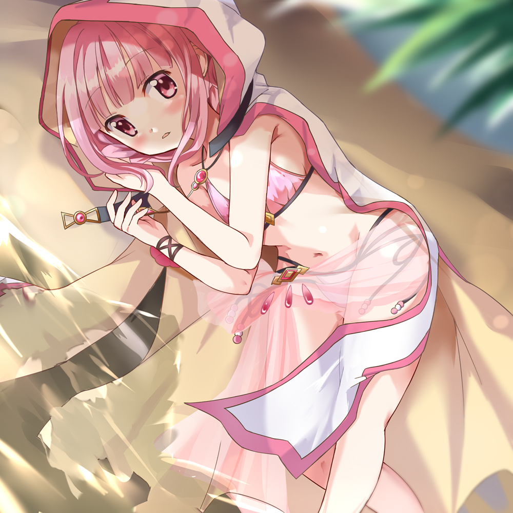 1girl beach bikini blurry blurry_foreground breasts commentary depth_of_field eyebrows_visible_through_hair from_above hand_in_hair hood hood_up looking_at_viewer lying magia_record:_mahou_shoujo_madoka_magica_gaiden mahou_shoujo_madoka_magica navel on_side parted_lips pink_bikini pink_eyes pink_hair rikopin see-through side-tie_bikini small_breasts solo string_bikini swimsuit tamaki_iroha water